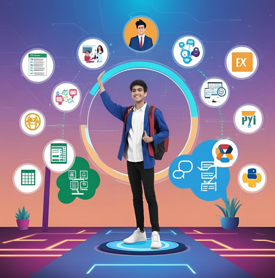 Illustration showing top career options for 2025 with icons representing salary, skills, and industry tools

