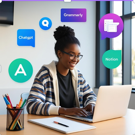 Student using AI tools like ChatGPT, Grammarly, Notion, and Perplexity on a laptop with books and productivity icons around.