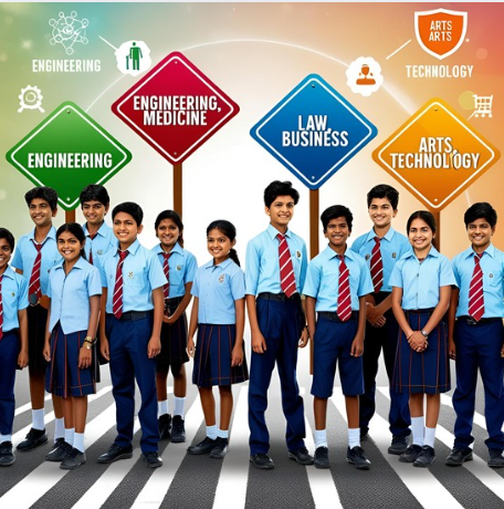 "Indian students exploring different career paths after 12th including engineering, medicine, and arts"