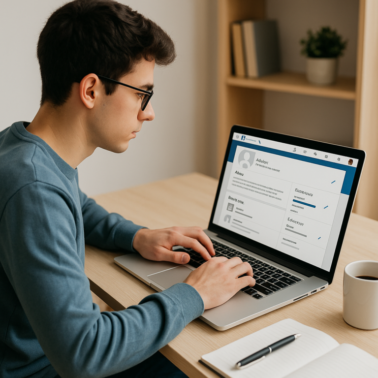 A student working on their LinkedIn profile on a laptop, editing the About, Experience, and Education sections at a clean workspace.