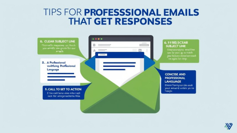Illustration of a woman typing on a laptop next to a checklist titled 'Tips to Write Professional Emails That Get Responses'.