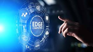 Illustration of edge computing concept with smart devices, cloud servers, and real-time data transfer in a connected city
