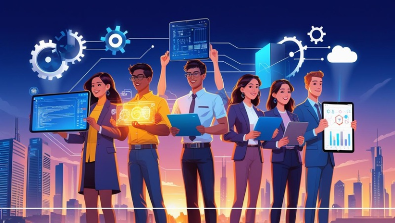 Illustration of B.Tech graduates choosing career options like software development, data science, cloud computing, core engineering, and government jobs