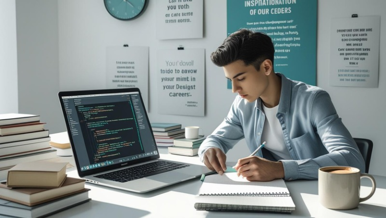 Student learning web development at a modern desk setup with HTML, CSS, and JavaScript on screen.